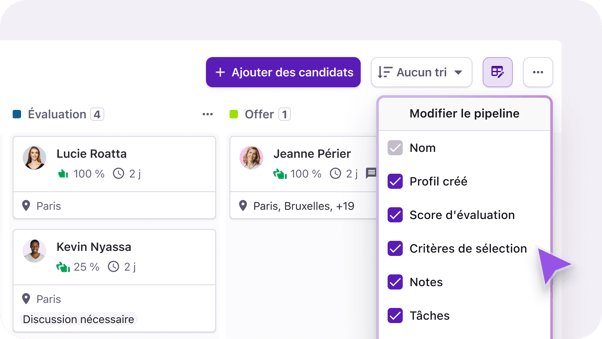 Le pipeline candidats par étapes en glisser-déposer de Tellent Recruitee