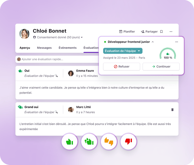 Évaluation des candidats dans Tellent Recruitee : ajoutez des notes d’entretien et des évaluations rapides, puis attribuez une note aux candidats.
