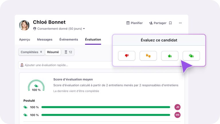 Évaluez rapidement les candidats en indiquant un pouce vers le haut ou vers le bas dans Tellent Recruitee.