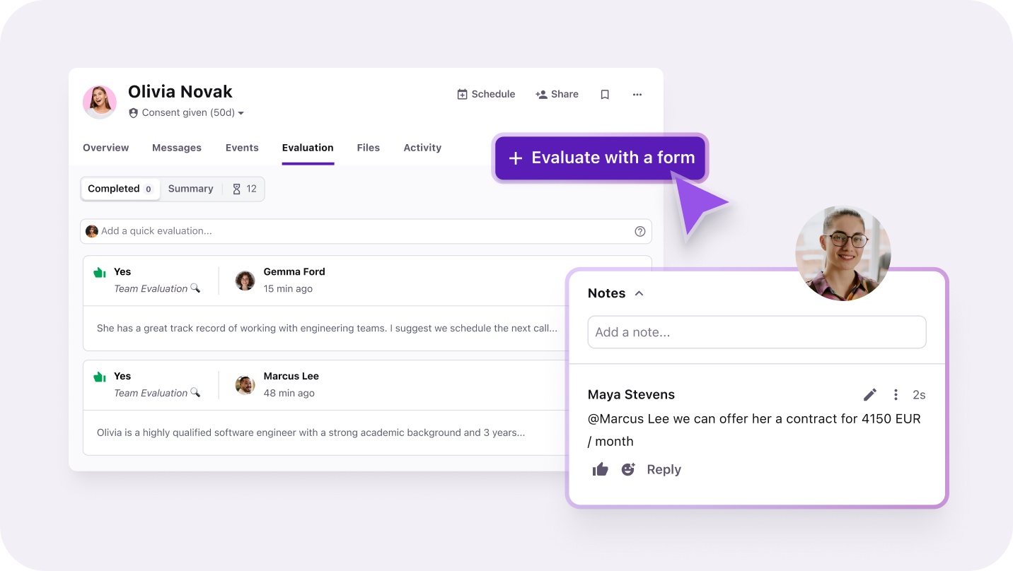 Shared notes and structured candidate evaluations