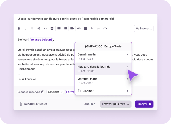 Comment planifier l’envoi ultérieur d’un e-mail dans Tellent Recruitee