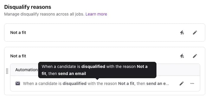An example of a disqualification email automation in Tellent Recruitee