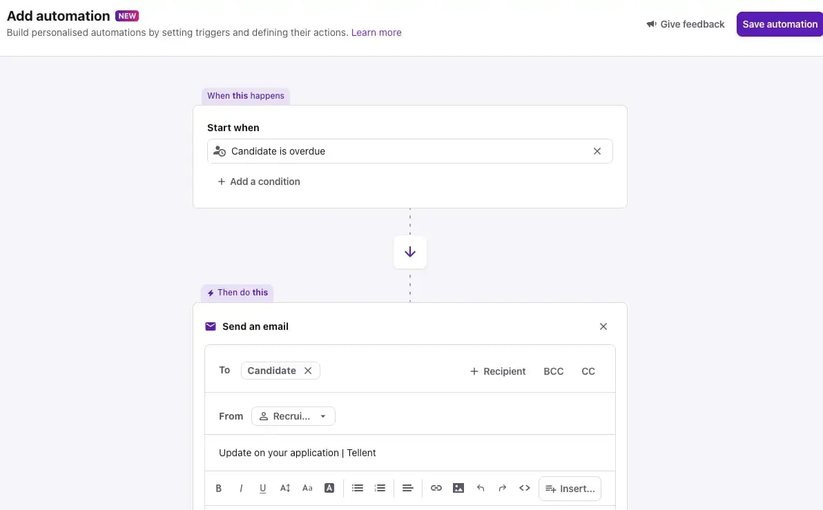 An example of a stage update automation in Tellent Recruitee