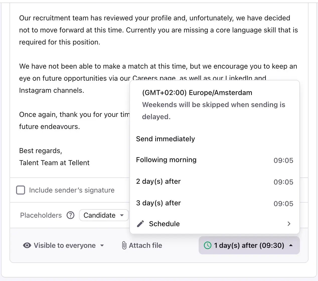 The send delay options available when configuring an automated rejection email in Tellent Recruitee