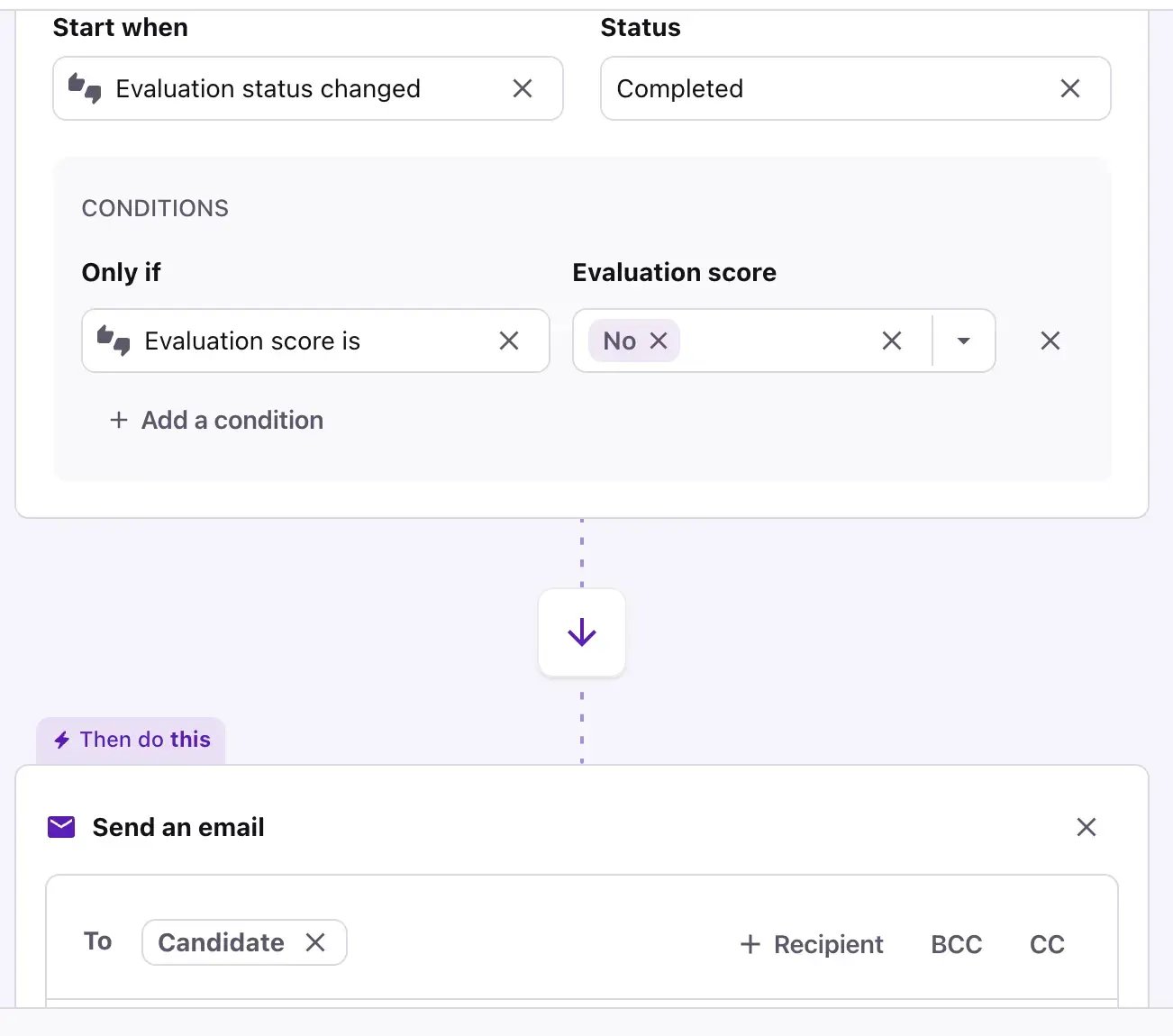 An example of a conditional automation in Tellent Recruitee