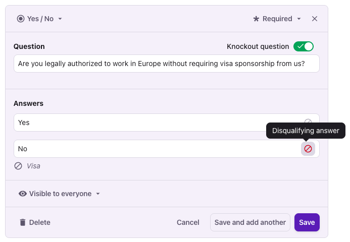 An example of a knockout question automation set up in Tellent Recruitee to filter out ineligible candidates