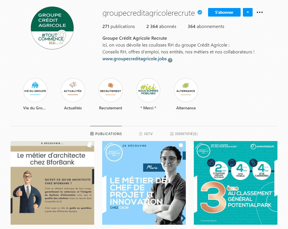 Credit agricole instagram page