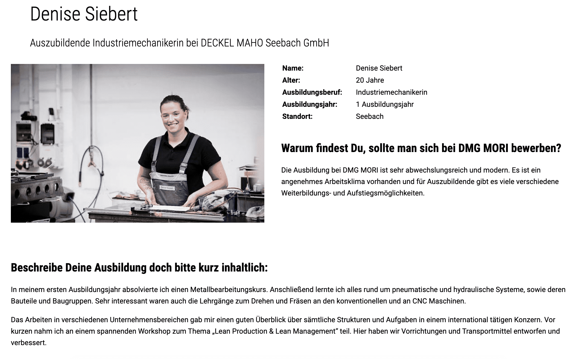 Ein Auszubildenden-Testimonial einer Auszubildenden zur Industriemechanikern bei DECKEL MAHO Seebach GmbH