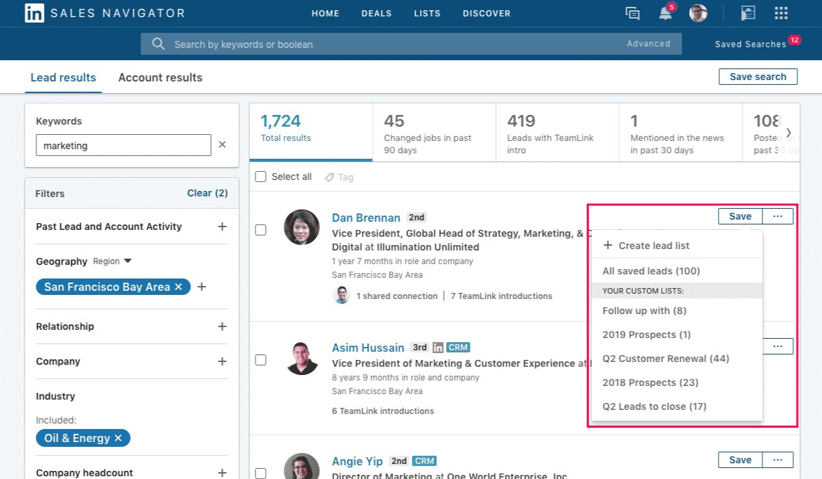 sales navigator custom lists