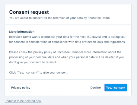 Recruitee's candidate consent request