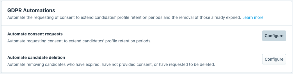 Recruitee's GDPR automated actions settings