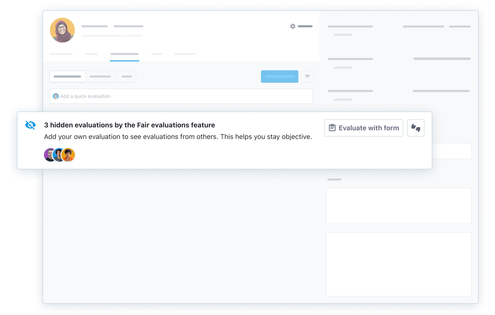 Candidate profile with 3 hidden evaluations by the Fair evaluations feature