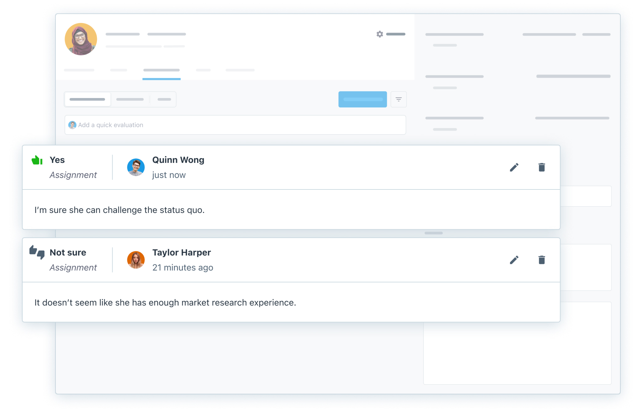 Candidate profile with 2 visible evaluations