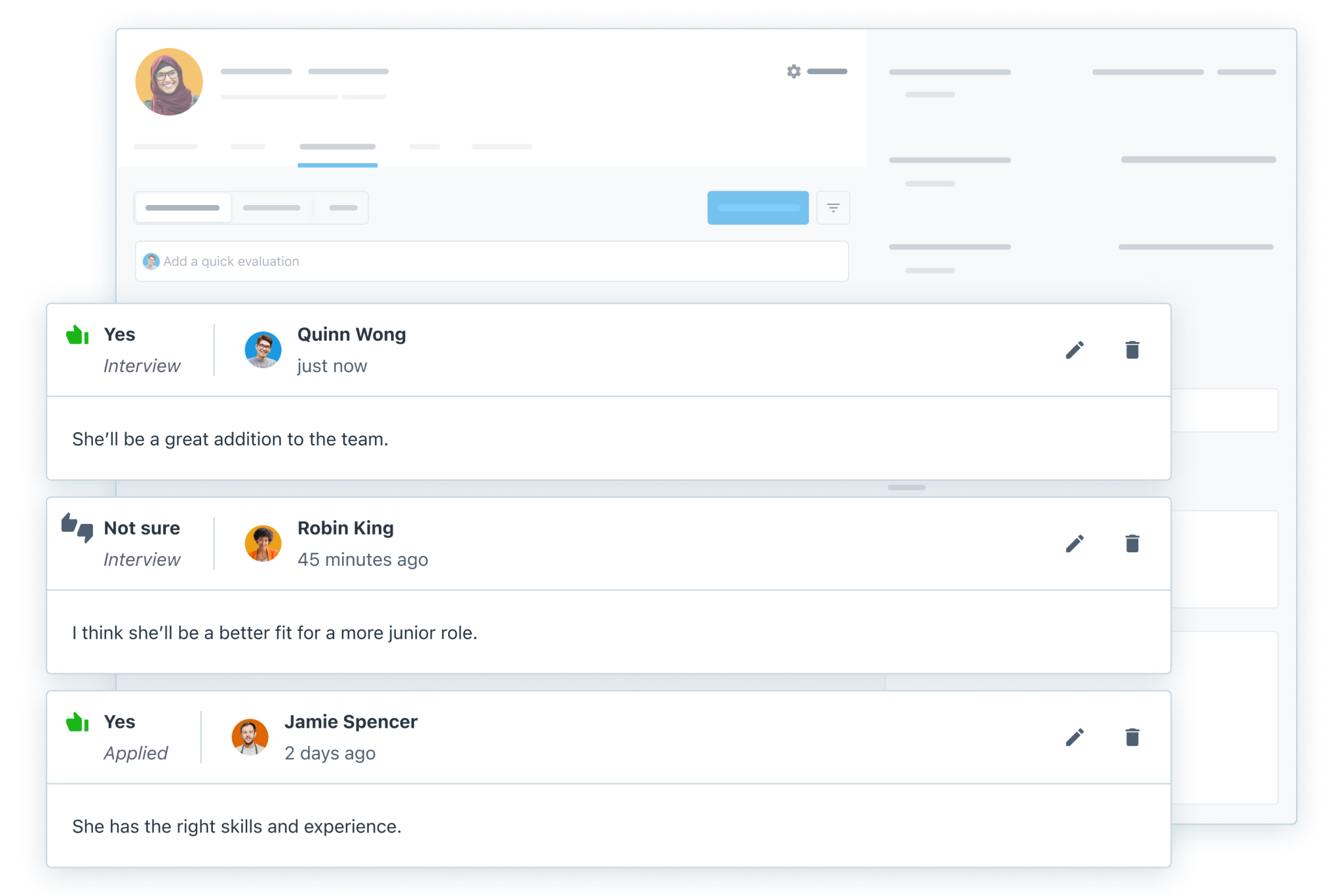 Candidate profile with 3 visible evaluations