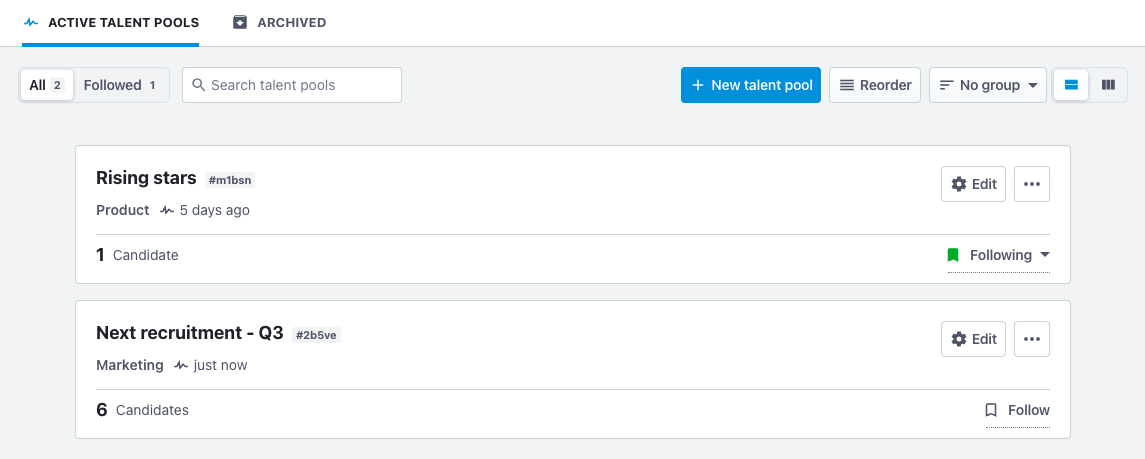 Recruitee by Tellent talent pool example.