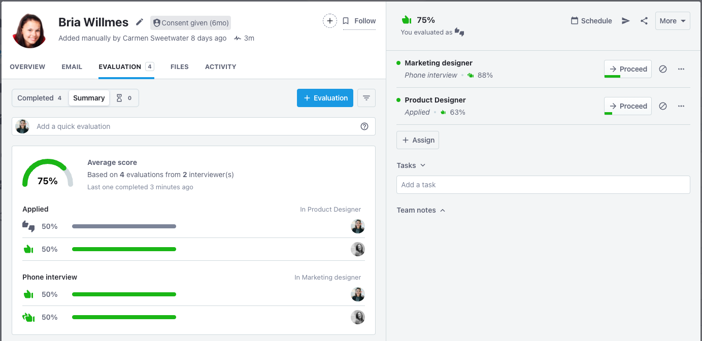 Recruitee evaluation scores per candidate