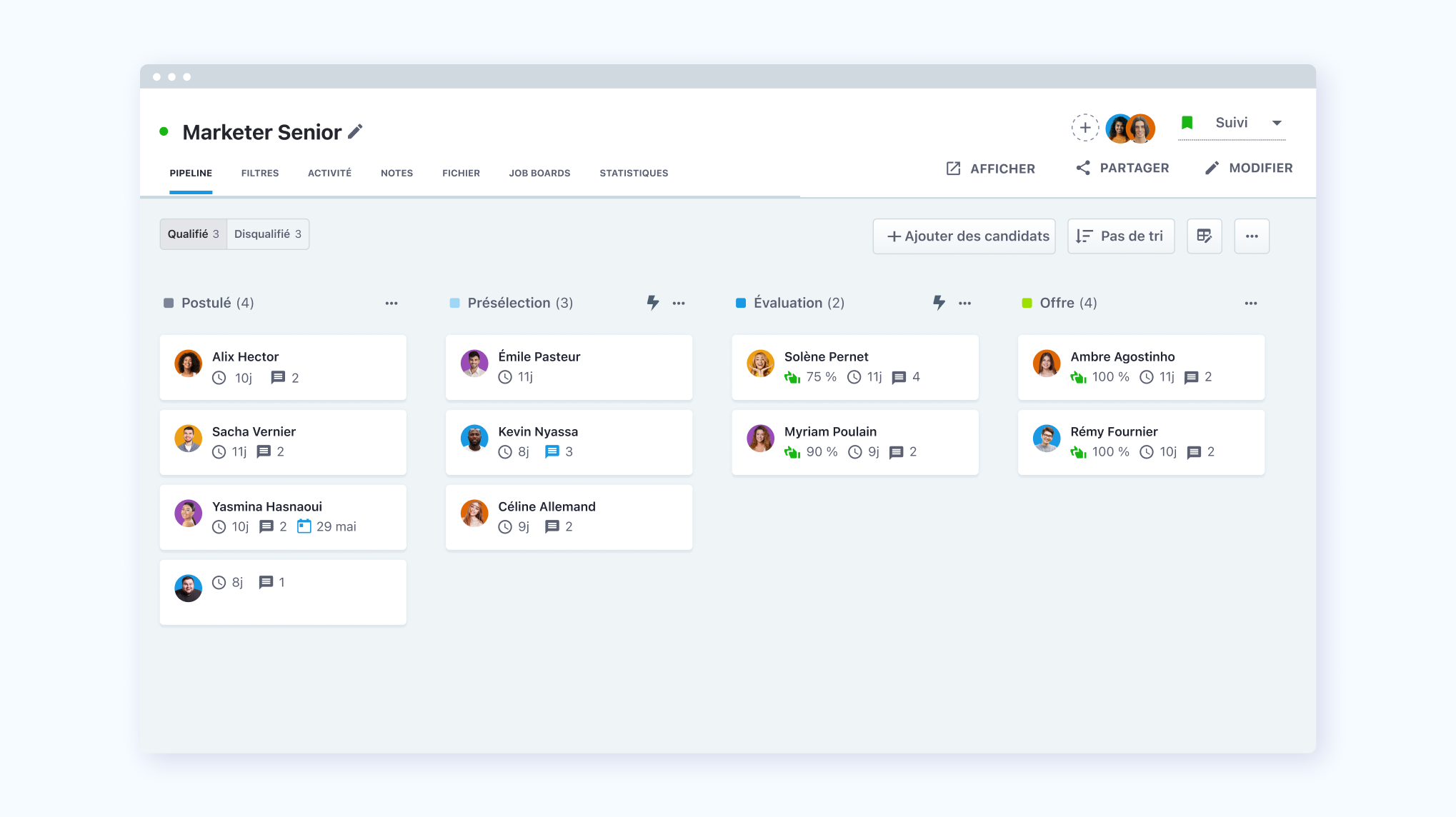 Outil de recrutement vue pipeline ATS recruitee