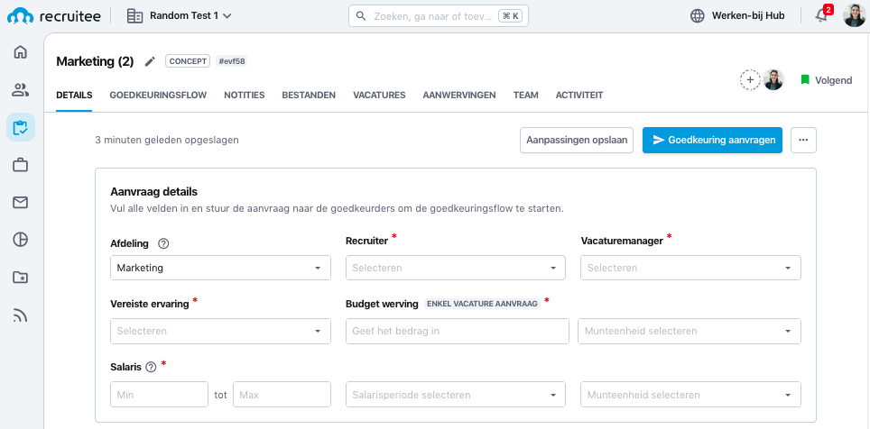 module Vacature aanvragen in Recruitee