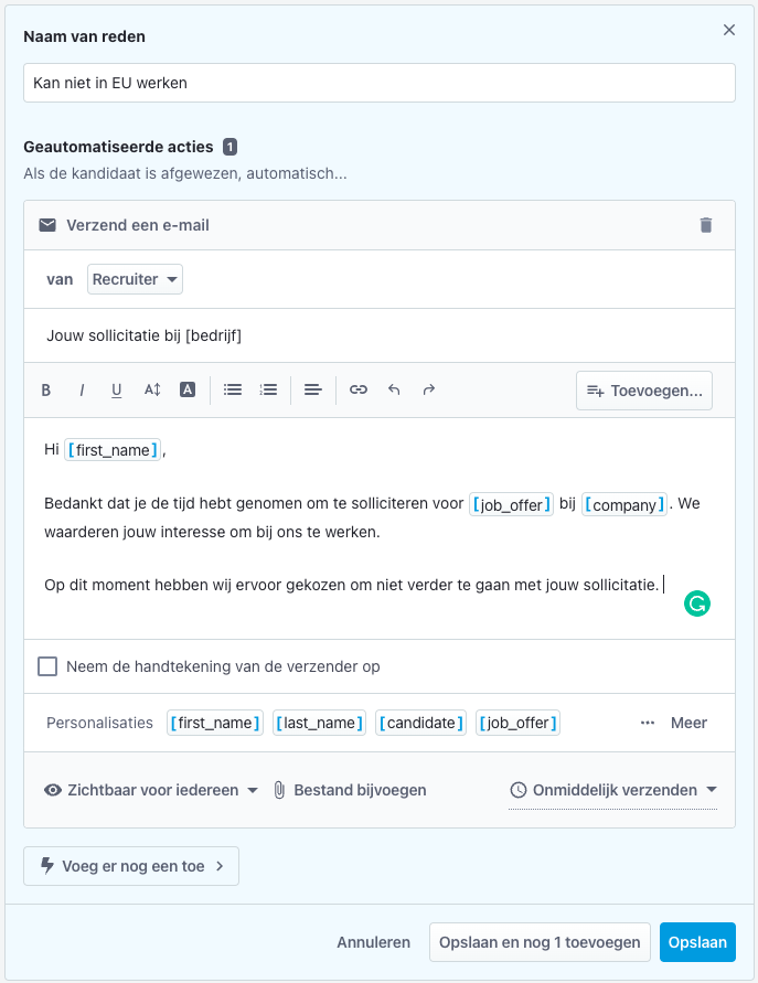 Geautomatiseerde e-mailsjabloon op basis van screeningsvraag in Recruitee