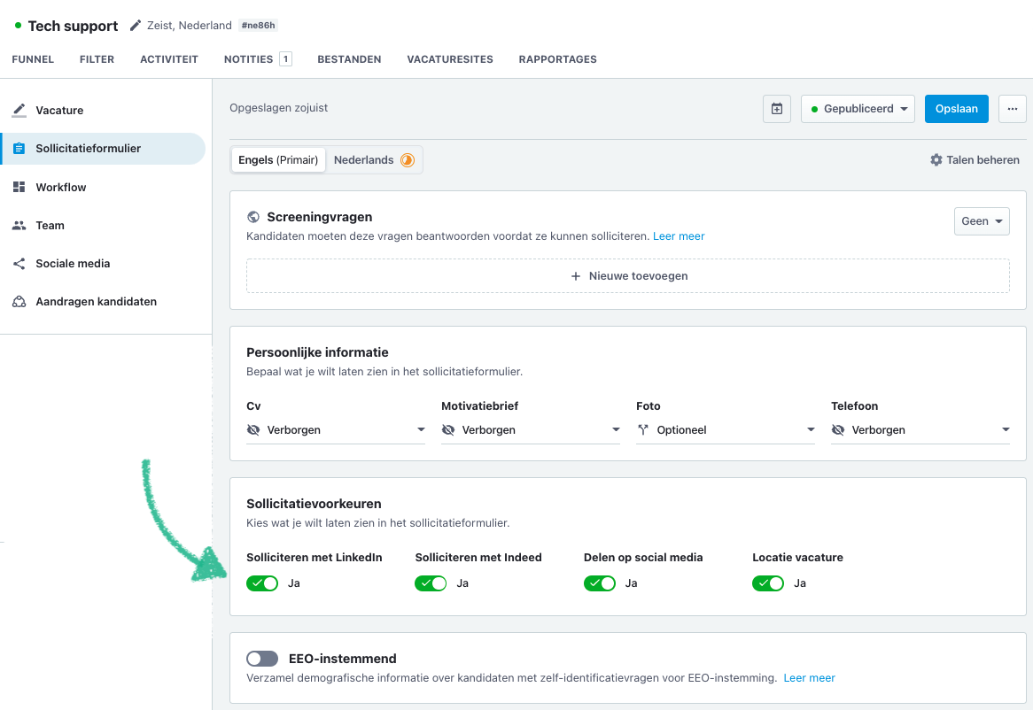Solliciteren met LinkedIn per vacature in- en uitschakelenin Recruitee