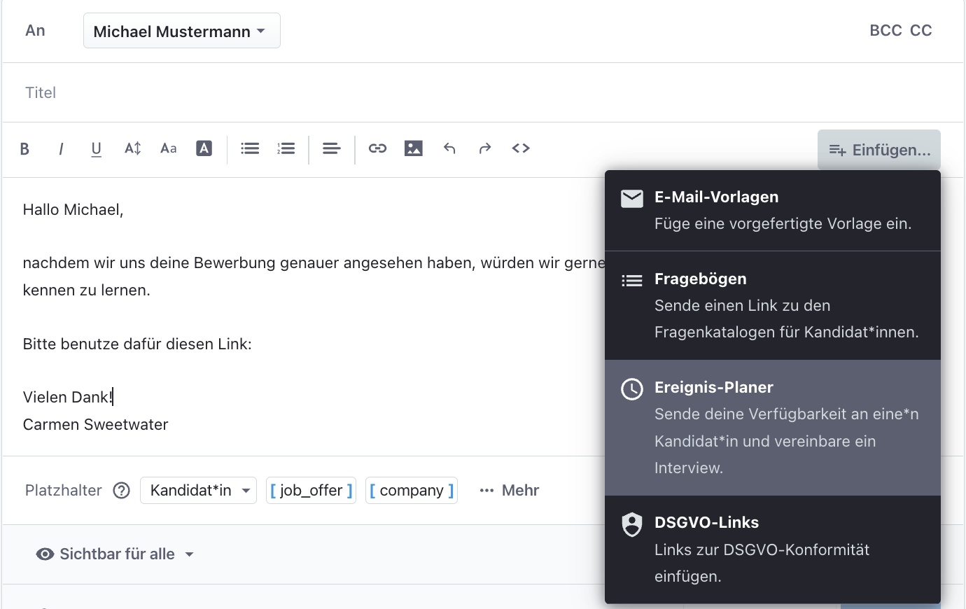 Screenshot der Software Tellent Recruitee, auf dem eine E-Mail mit Link zur Terminbuchung zu sehen ist.