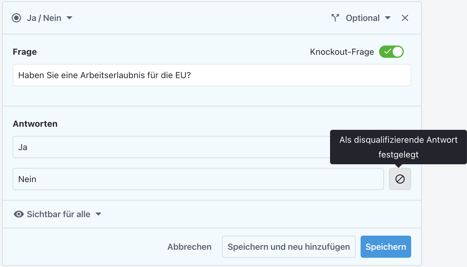 Screenshot der Software Tellent Recruitee, auf dem eine Ja/Nein-Frage im Bewerbungsformular konfiguriert wird.