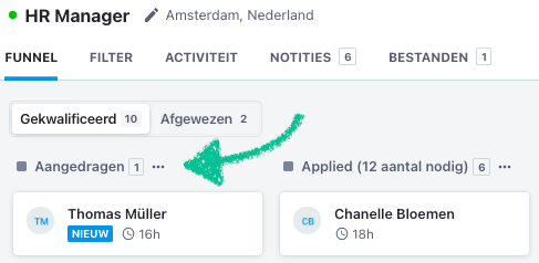  Doorverwezen kandidaat in een aparte fase Aangedragen-fase in de funnel van de vacature in Recruitee