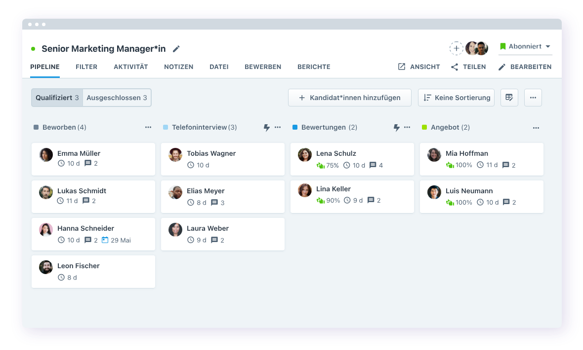 Übersicht über die Bewerber-Pipeline in Recruitee