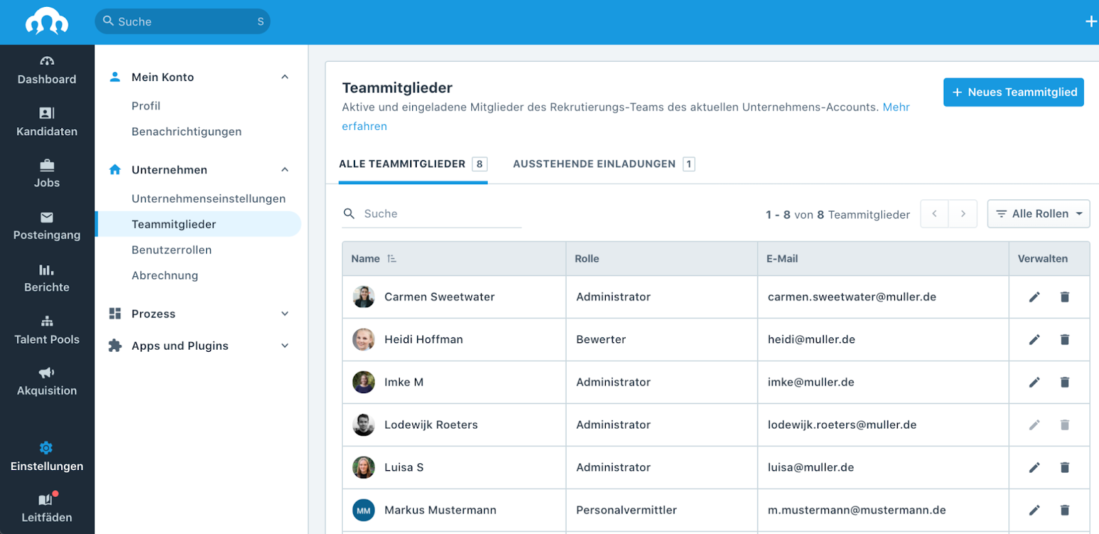 Übersicht über Teammitglieder in Recruitee