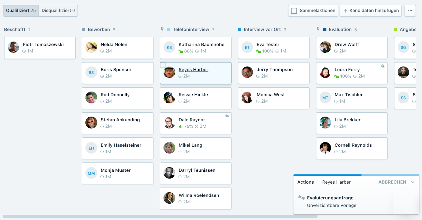 Übersicht über die Bewerber-Pipeline in Recruitee