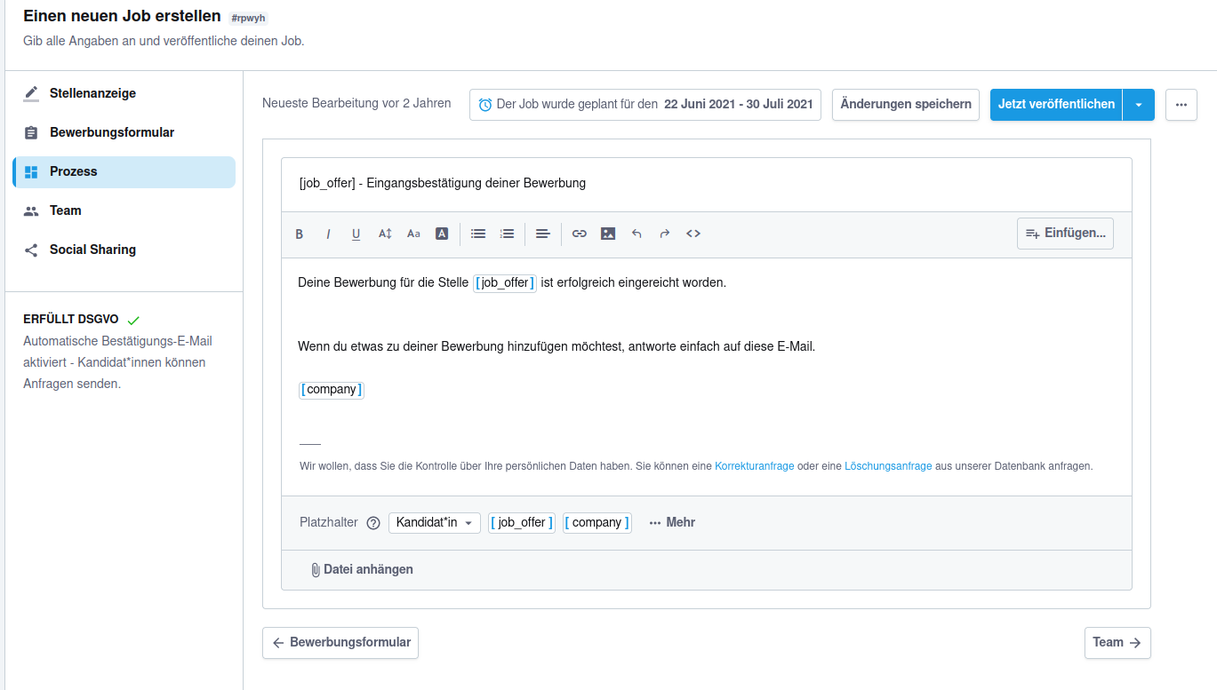 Ansicht personalisierbarer E-Mails in Recruitee