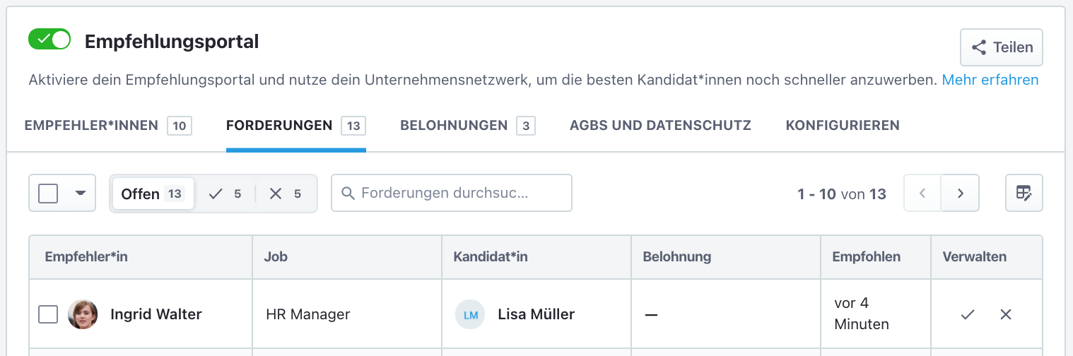Ansicht des Empfehlungsportals von Recruitee