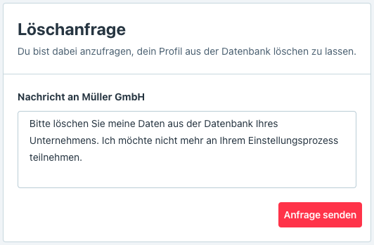 Ansicht einer Löschanfrage im Rahmen der DSGVO in Recruitee