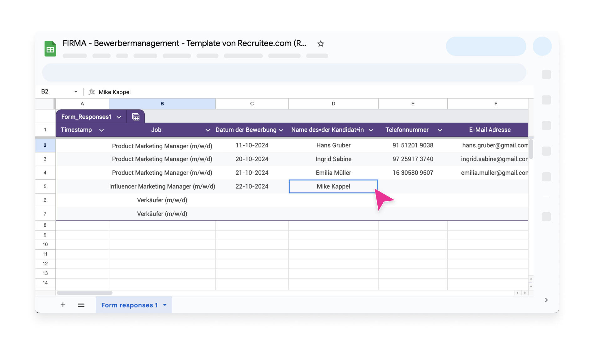 Screenshot einer Bewerbermanagementvorlage in Google Docs mit Spalten wie Jobbezeichnung, Kandidatennamen usw..