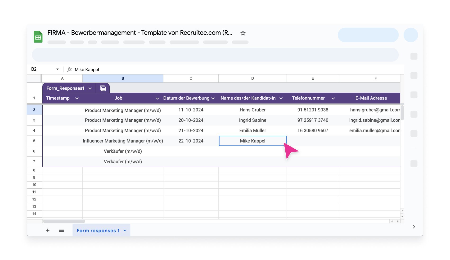 Screenshot einer einfachen Bewerbermanagement-Vorlage von Recruitee in Google Docs.