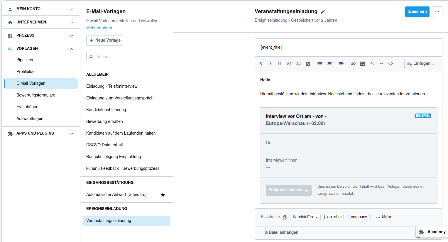 Screenshot einer E-Mail-Vorlage für automatisiert versendete Ereigniseinladungen.
