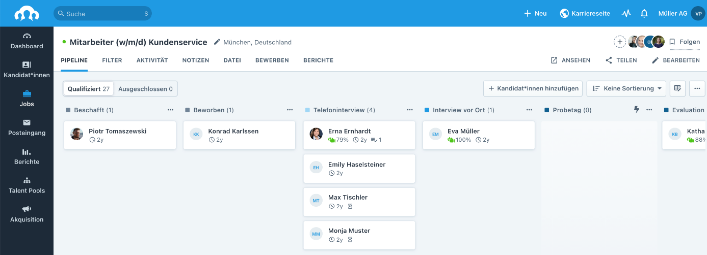 Screenshotshot der Bewerber-Pipeline, die den Stand von Kandidaten im Bewerbungsprozess in Form von Boxen und Spalten zeigt.