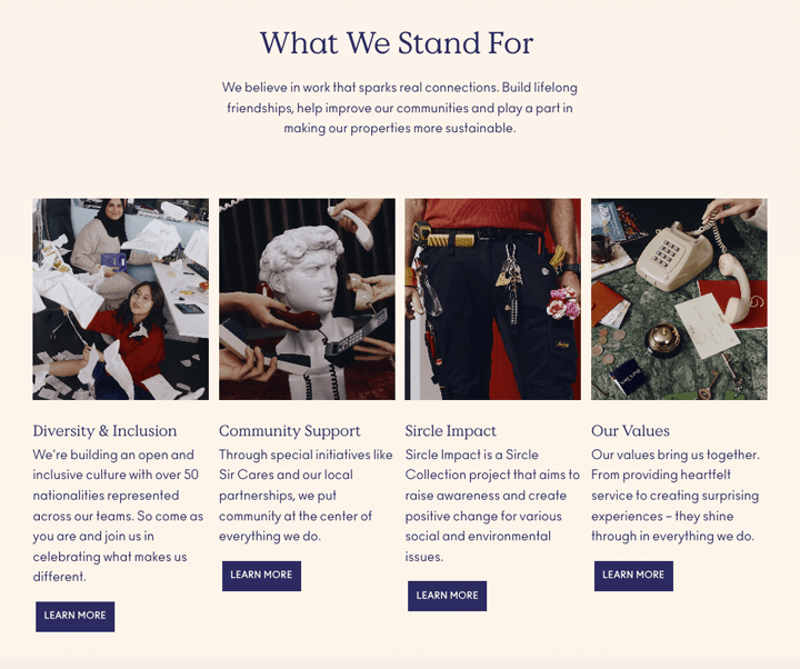 Voorbeeld kernwaarden op carrièrepagina Sircle Collection