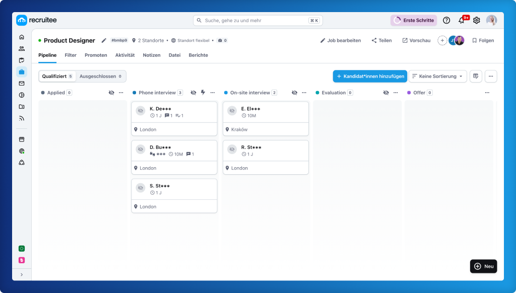 Screenshot von anonymisierten Bewerbungen in der Bewerbermanagement-Software Recruitee.