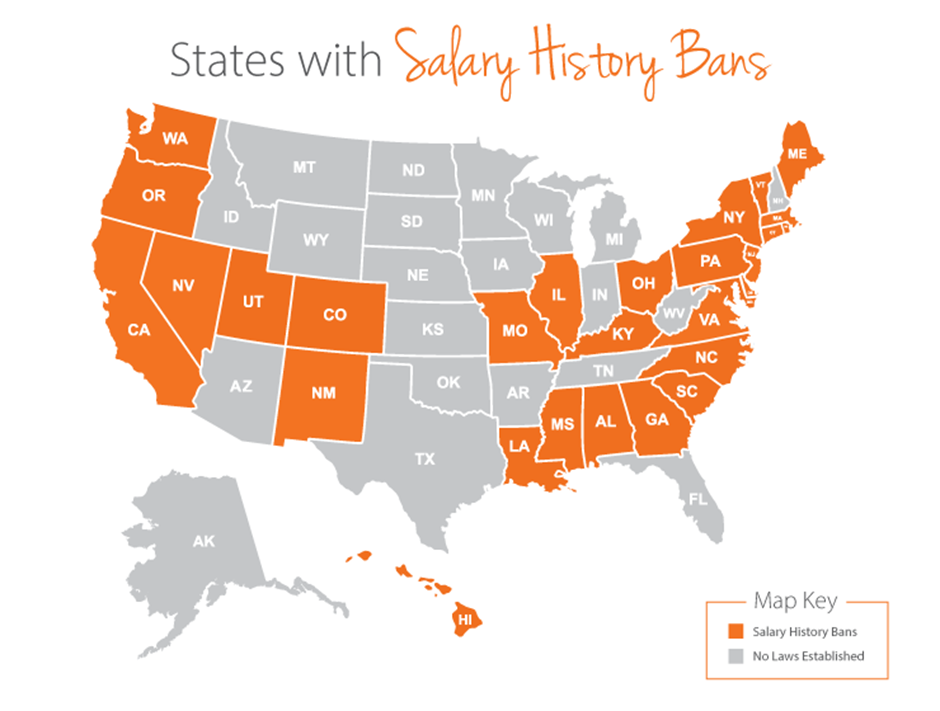 Map showing states in the US with salary history bans 