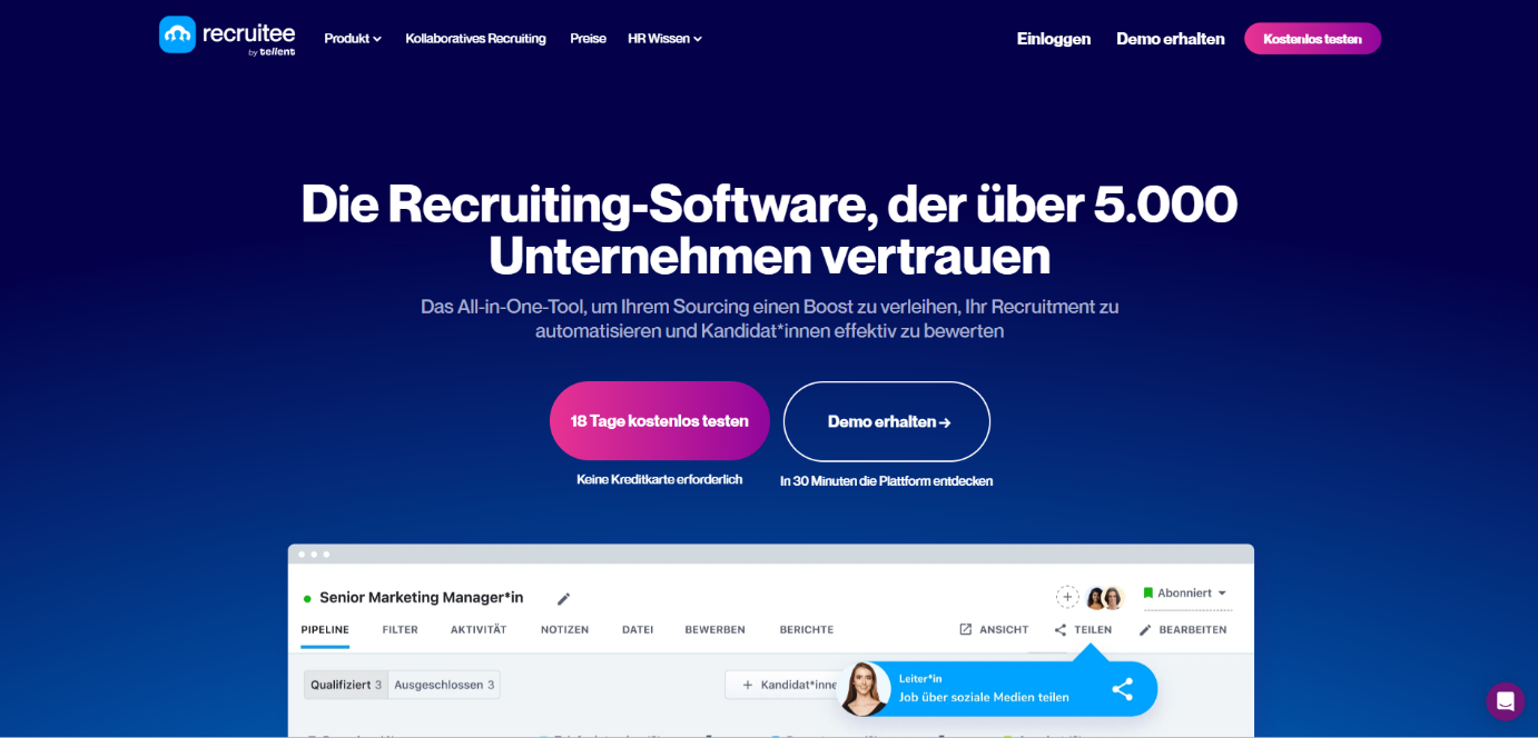 Screenshot der Startseite von Recruitee.
