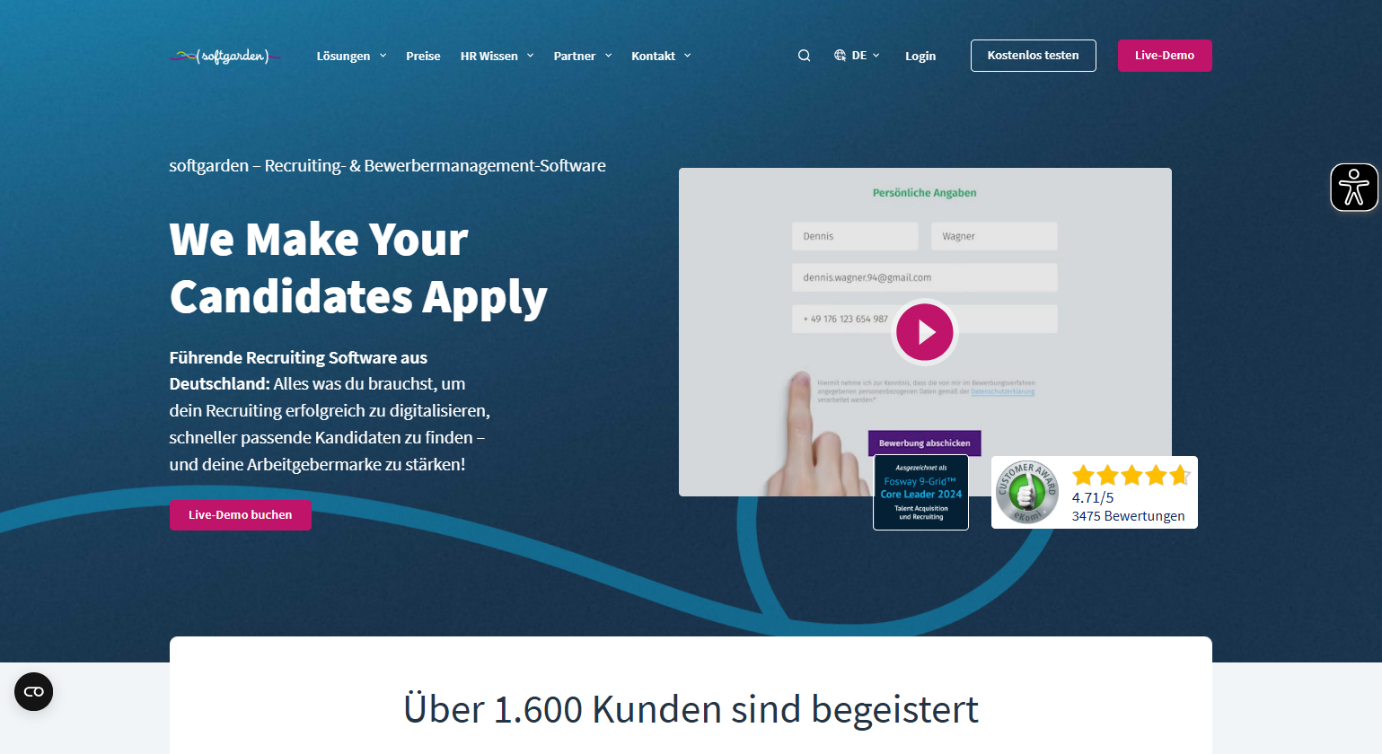 Screenshot der Startseite der Recruiting-Software Softgarden.