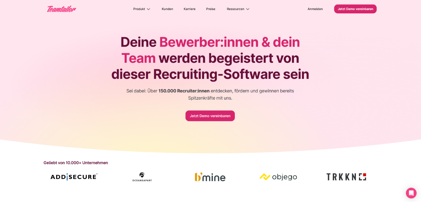 Screenshot der Startseite der Recruiting-Software TeamTailor.
