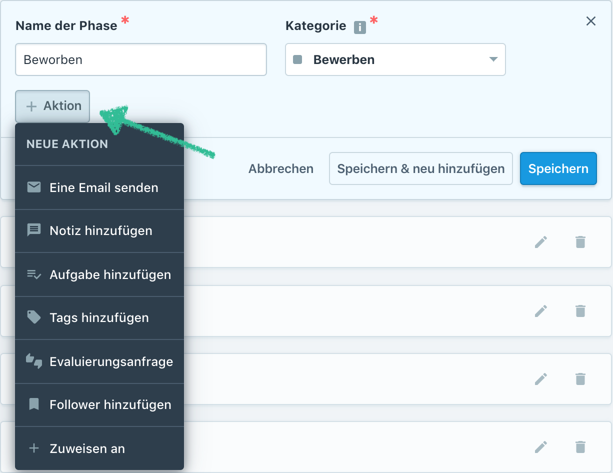 Screenshot der Recruiting-Software Recruitee, auf dem zu sehen ist, wie Aktionen automatisiert werden können.