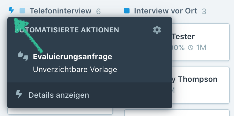 Screenshot der Recruiting-Software Recruitee, auf dem zu sehen ist, wie eine Evaluierungsanfrage an ein Ereignis geknüpft wird.