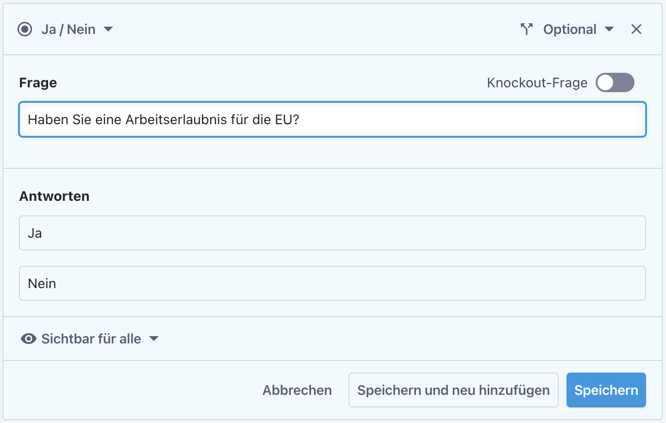 Screenshot der ATS-Software Recruitee, auf dem ein Formular für eine Knockout-Frage abgebildet ist.