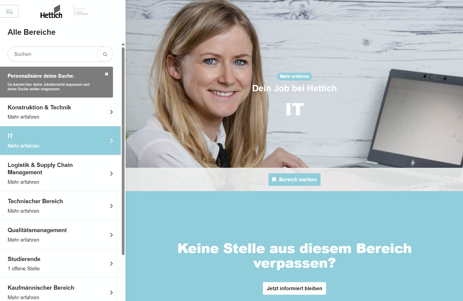 Screenshot mit einer Navigationsleiste und dem Bild einer Miitarbeiterin.