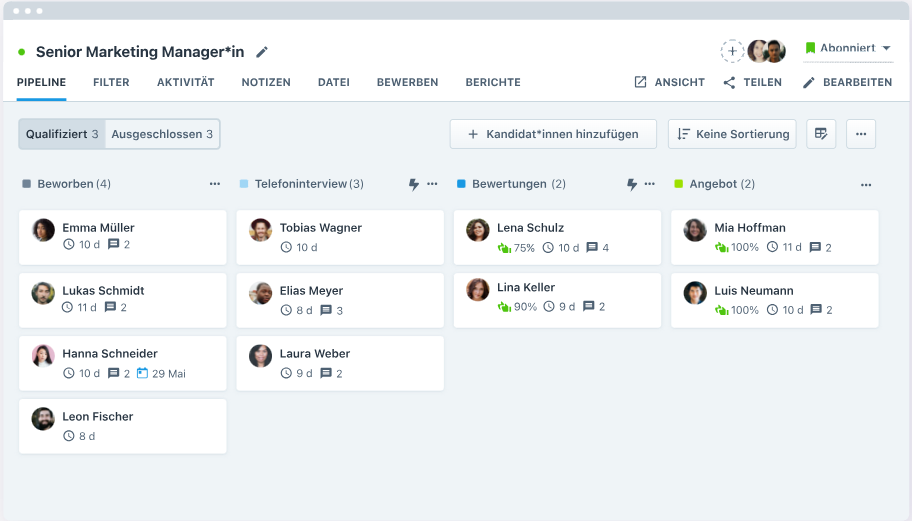 Screenshot der Bewerber-Pipeline im Bewerbermanagementsystem Tellent Recruitee.