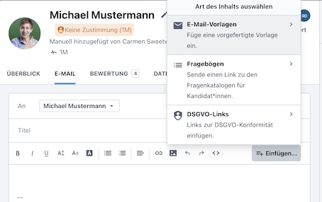 Screenshot des Bewerbermanagementsystems Tellent Recruitee, auf dem zu sehen ist, wie eine E-Mail-Vorlage erstellt wird.