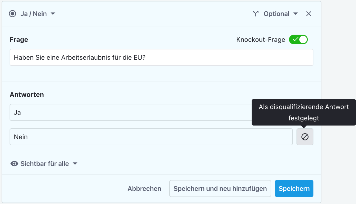 Screenshot der Bewerbermanagementsoftware Tellent Recruitee, auf dem ein Formular zu sehen ist, mit dem eine K.O.-Frage eingestellt werden kann.